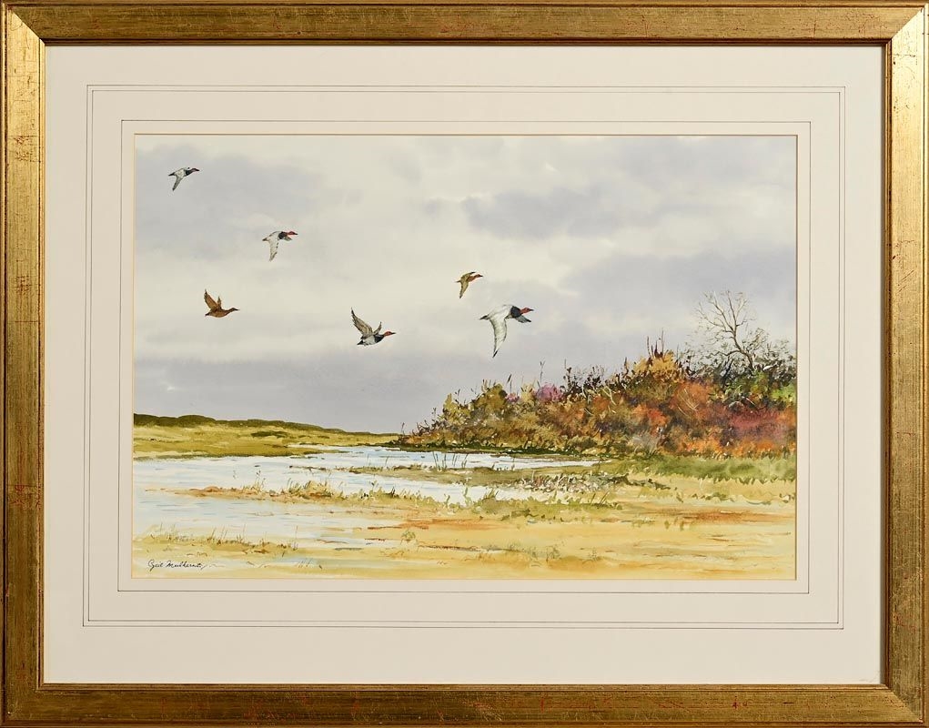 Artwork by Cyril Mulkernes, Ducks in Flight, Made of watercolour on paper
