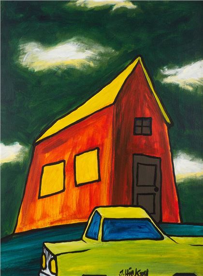 "A vibrant, stylized painting of a red house with a yellow roof and a green car parked in front against a dark, cloudy sky."