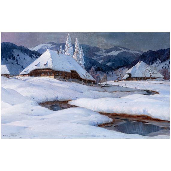 Two Black Forest farms in the winter twilight