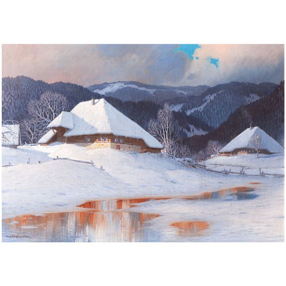 Snow-covered Black Forest farms with pond