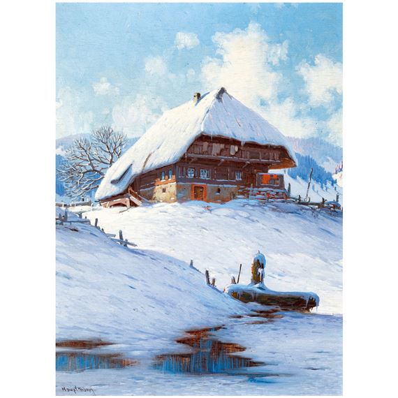 Black Forest farm with stream in the winter sun by Karl Hauptmann, 1920