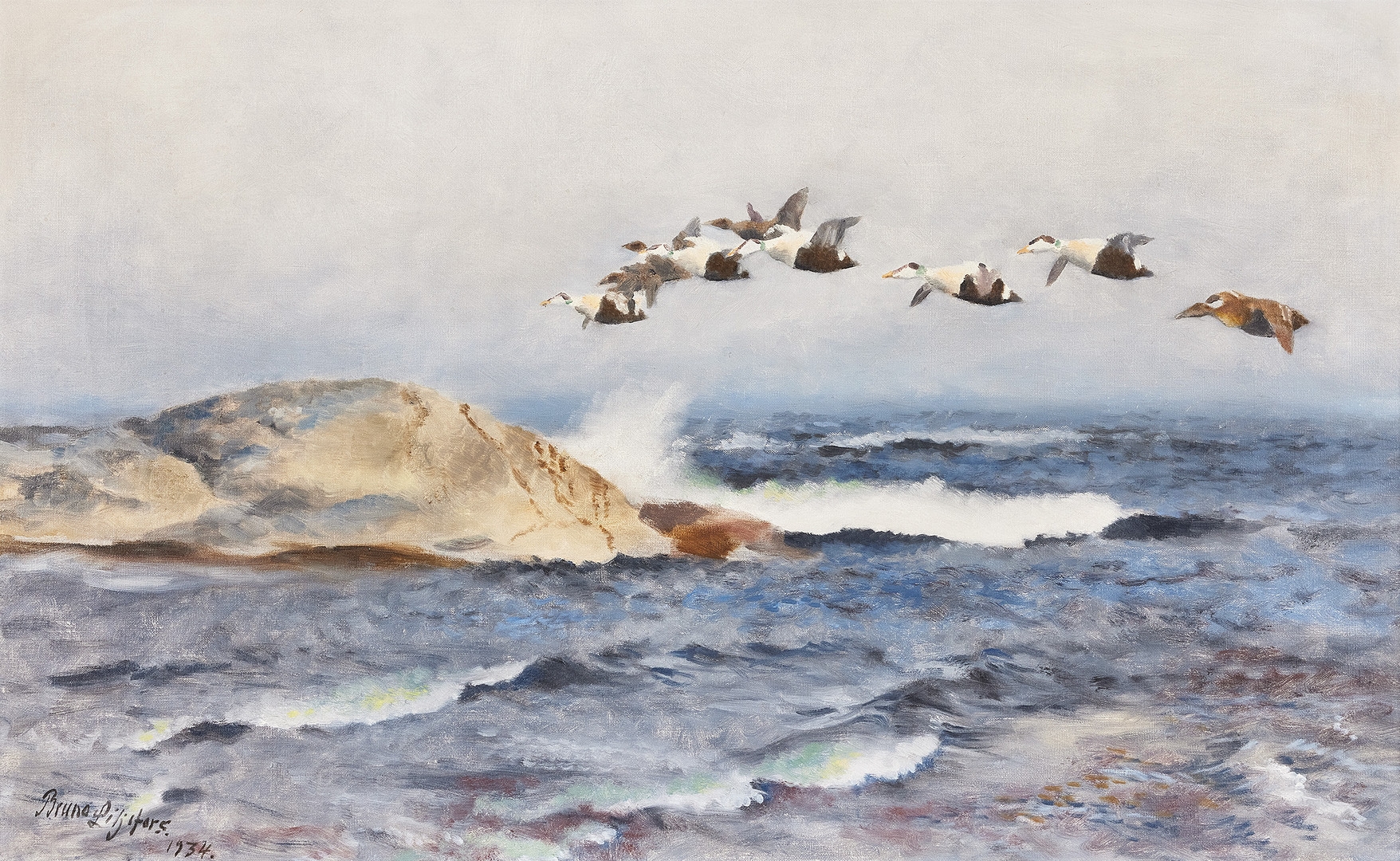 Artwork by Bruno Liljefors, Sträckande ejdrar, Made of Oil on canvas