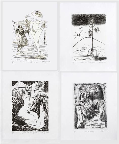 four etchings on paper: * 'Sien Jy Ook Soms 'n Gesig' by Braam Kruger, 77