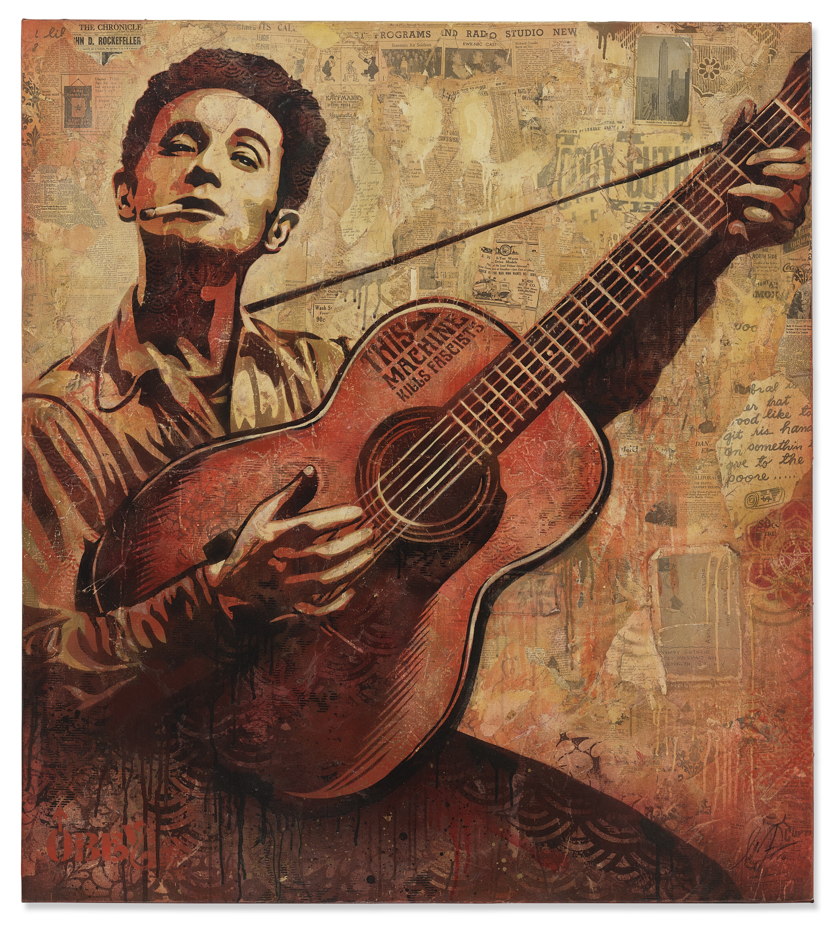 Artwork by Shepard Fairey, Woody Guthrie (2), Made of stencil impression and mixed media collage on canvas