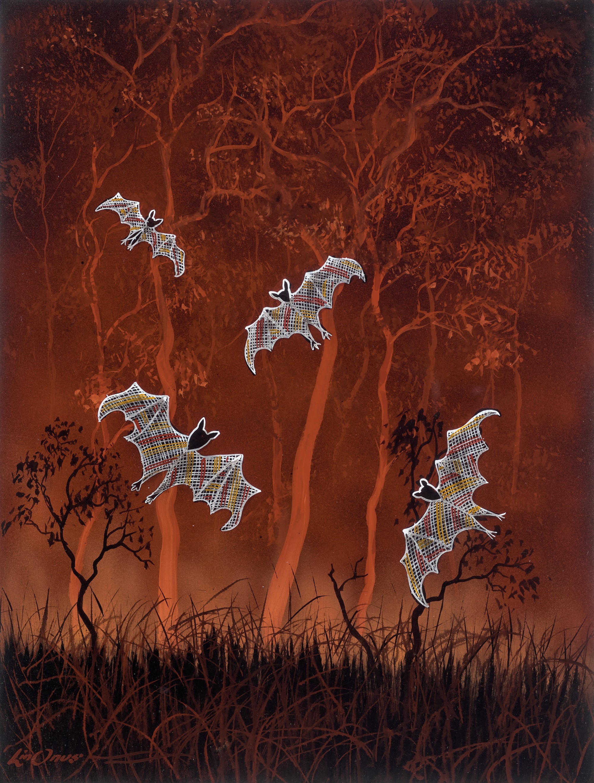 A painting of bats flying through the air in a forest.