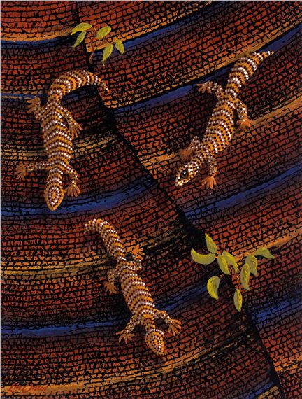 A painting of three geckos on a colorful background. 