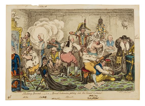Making-Decent; -i.e.- Broad-Bottomites Getting into the Grand Costume by James Gillray, 1806