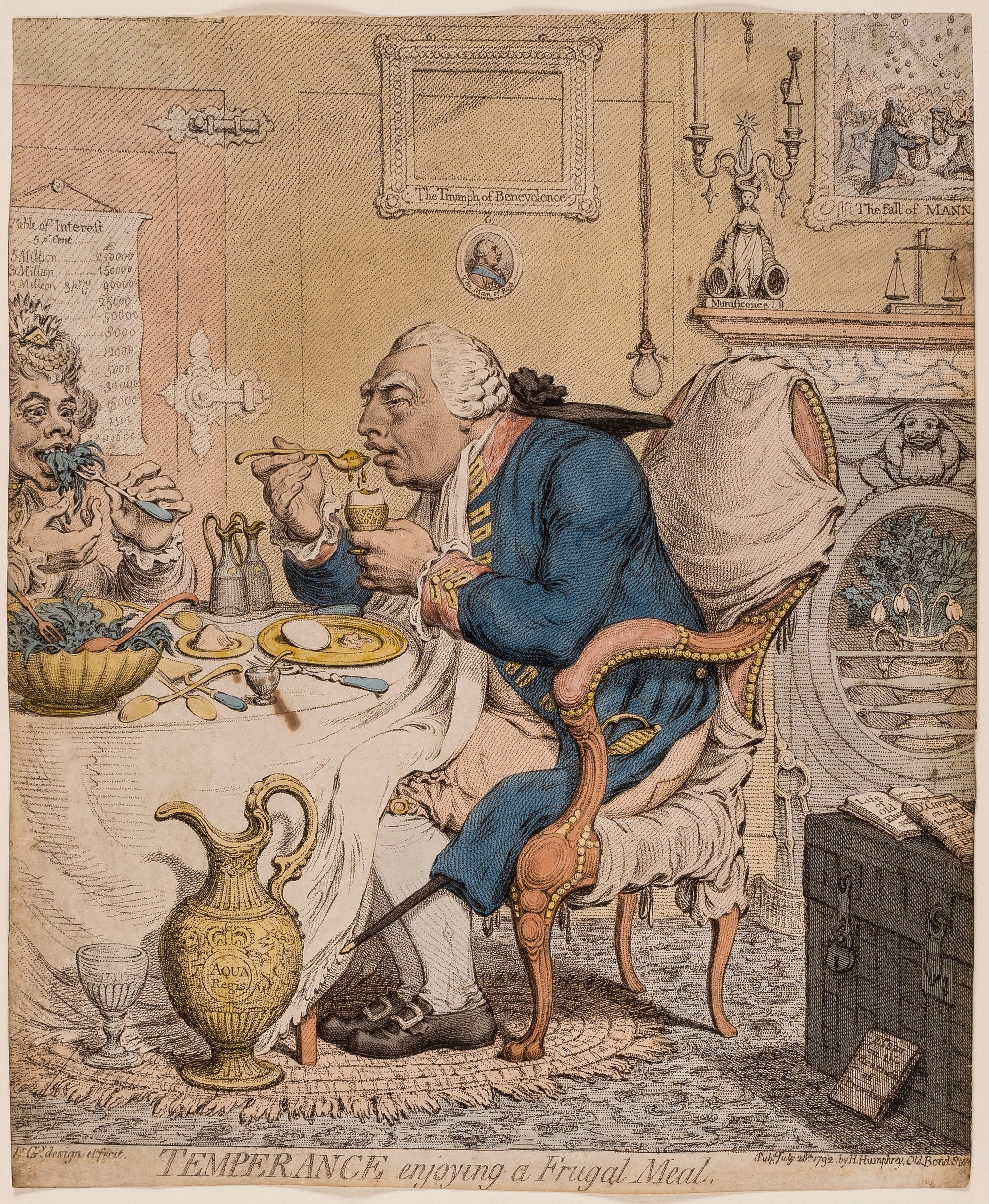 Artwork by James Gillray, Temperance enjoying a frugal meal, Made of engraving