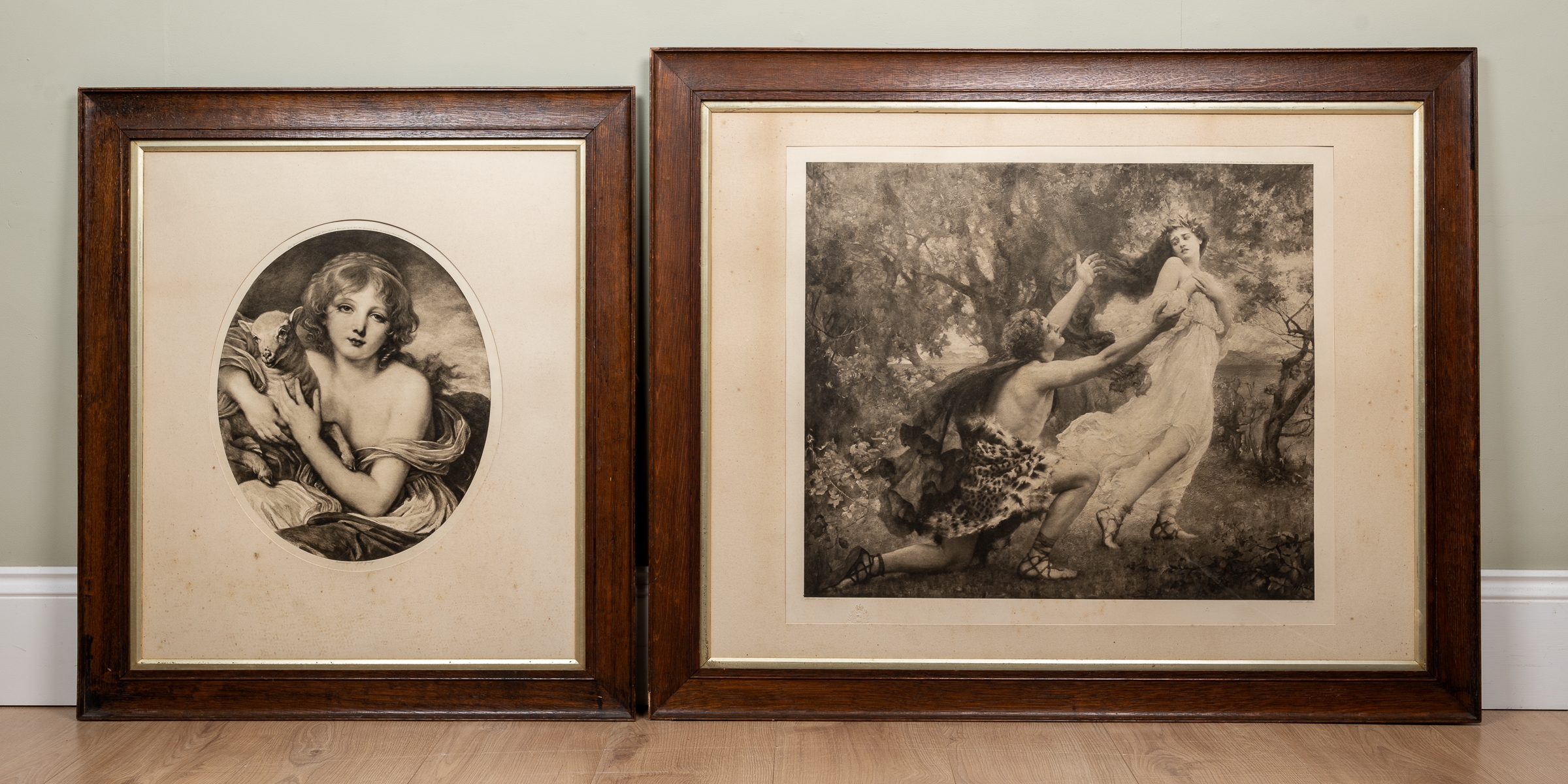 Artwork by Henrietta Rae, one by Henrietta Rae, 'Apollo and Daphne', Arlington Proof blind stamp lower left corner, 56cm x 66cm; the other entitled 'Innocence', in oval aperture, Made of engravings
