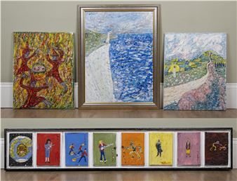 a group of paintings to include: three relating to Shakespeare's works, King Lear, The Seven Ages of Man and Macbeth; together with a painting inspired by the hymn 'Jerusalem', oils on canvas - Gwynne Robins