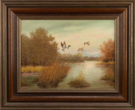 Auffliegende Enten über einem herbstlichen See by Karl Hans Boese