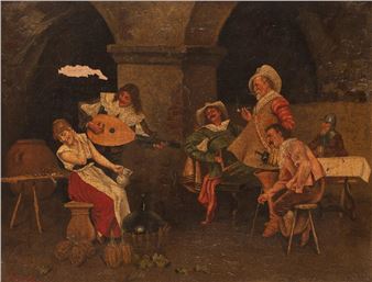 Tavern scenes of musicians serenading girls - L. Cerale