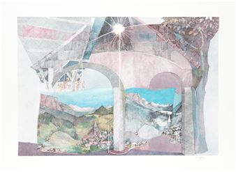 A layered architectural scene where a mountain village is revealed beneath an archway.