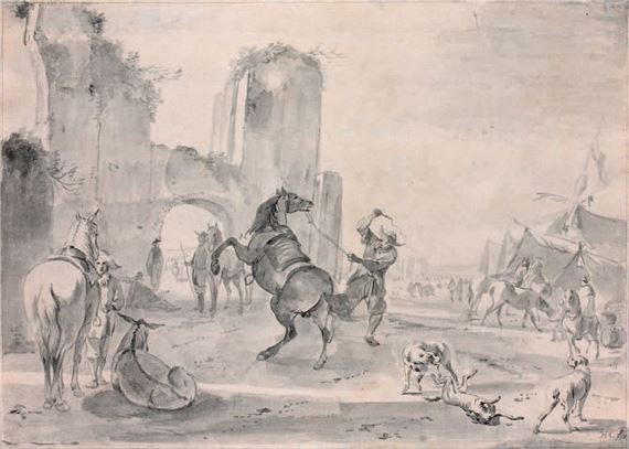 The horse market Pen and grey wash 22.5 x 31.4 cm Monogrammed and dated lower right HVS 1685 Provenance: Anonymous sale by Hendrick Verschuring, 1685