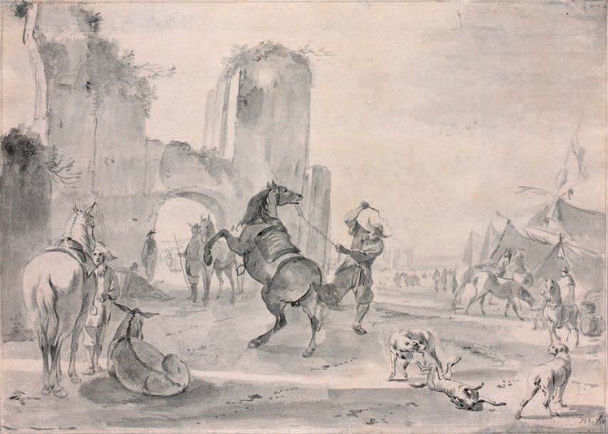 Artwork by Hendrick Verschuring, The horse market Pen and grey wash 22.5 x 31.4 cm Monogrammed and dated lower right HVS 1685 Provenance: Anonymous sale, Made of Pen and grey wash