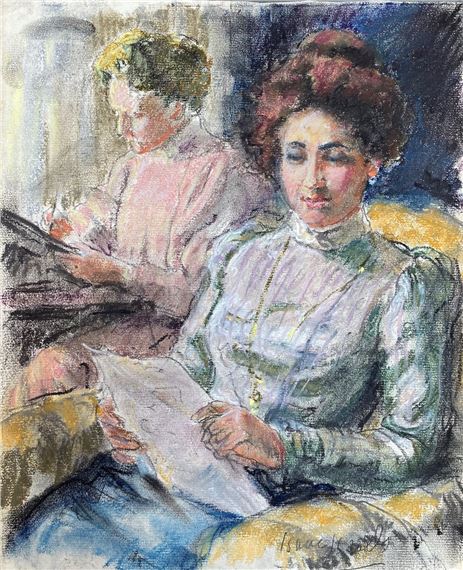 A pastel study of two figures in a quiet, contemplative moment.