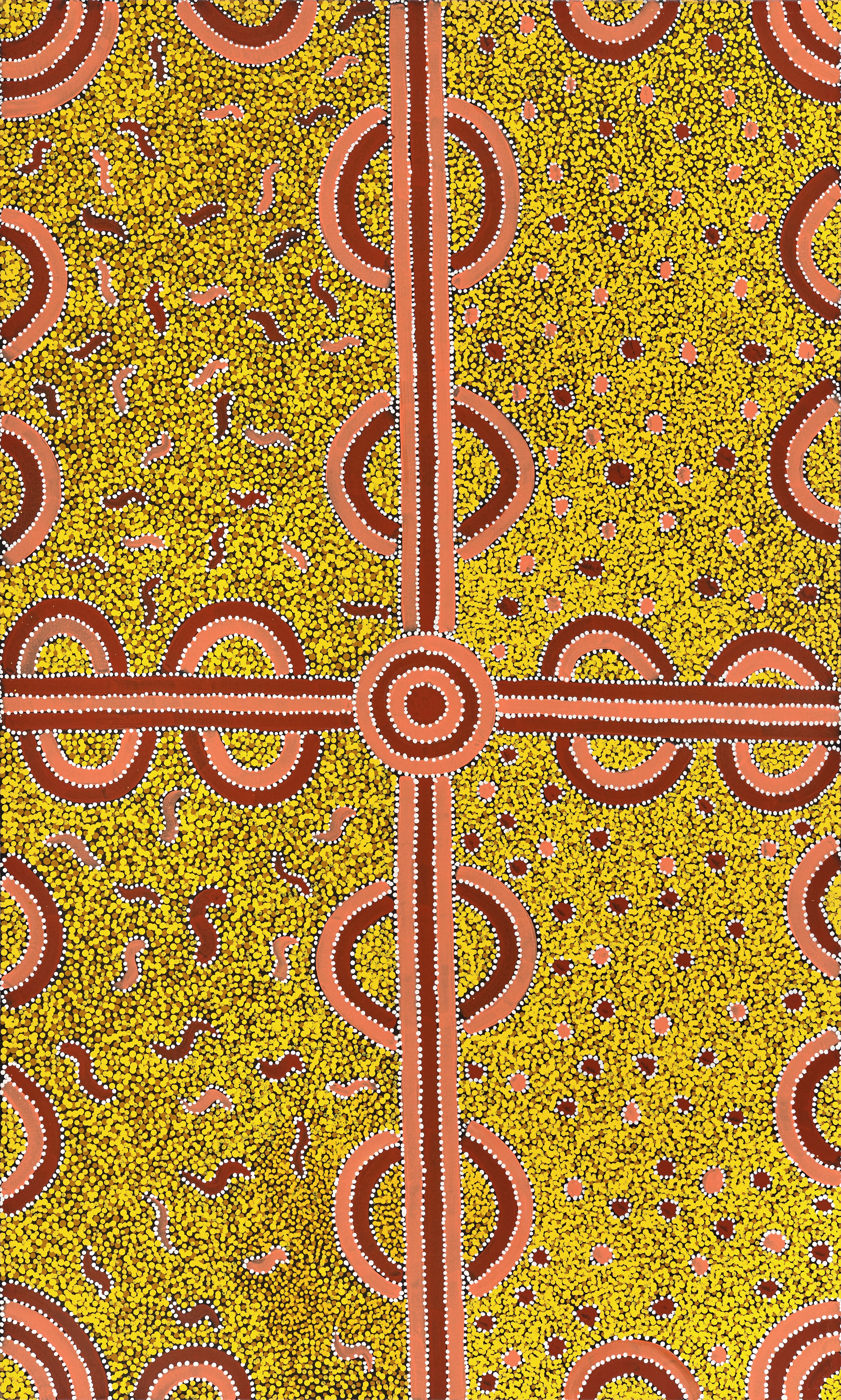 Artwork by Ronnie Bird Jangala, Campsite Dreaming, Made of acrylic on canvas