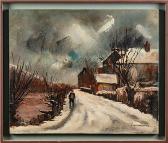 Paysage de rue sous la neige - Rene Jacques Lernon