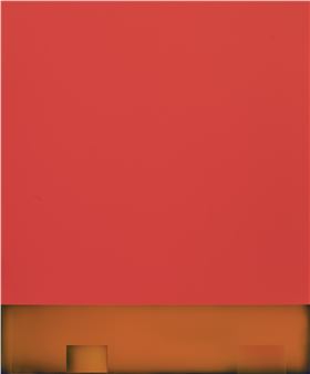 A minimalist abstract composition featuring a bold red upper section and a textured brown lower band.