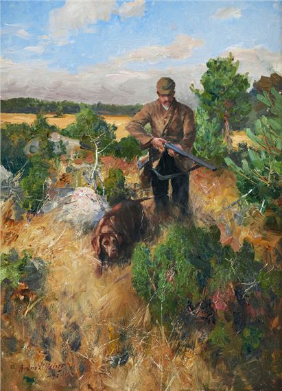 Jägare med sin hund by Bruno Liljefors, '90