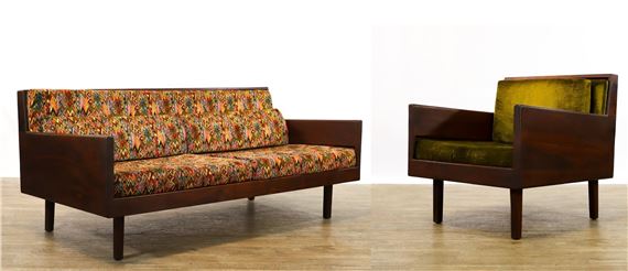 Sofa on slightly tapered square legs with multicolored diamond flame upholstered removable seat and back cushions - Harvey Lowe