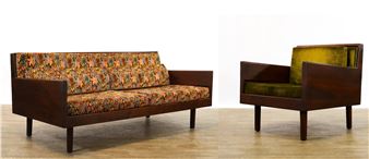 Sofa on slightly tapered square legs with multicolored diamond flame upholstered removable seat and back cushions - Harvey Lowe