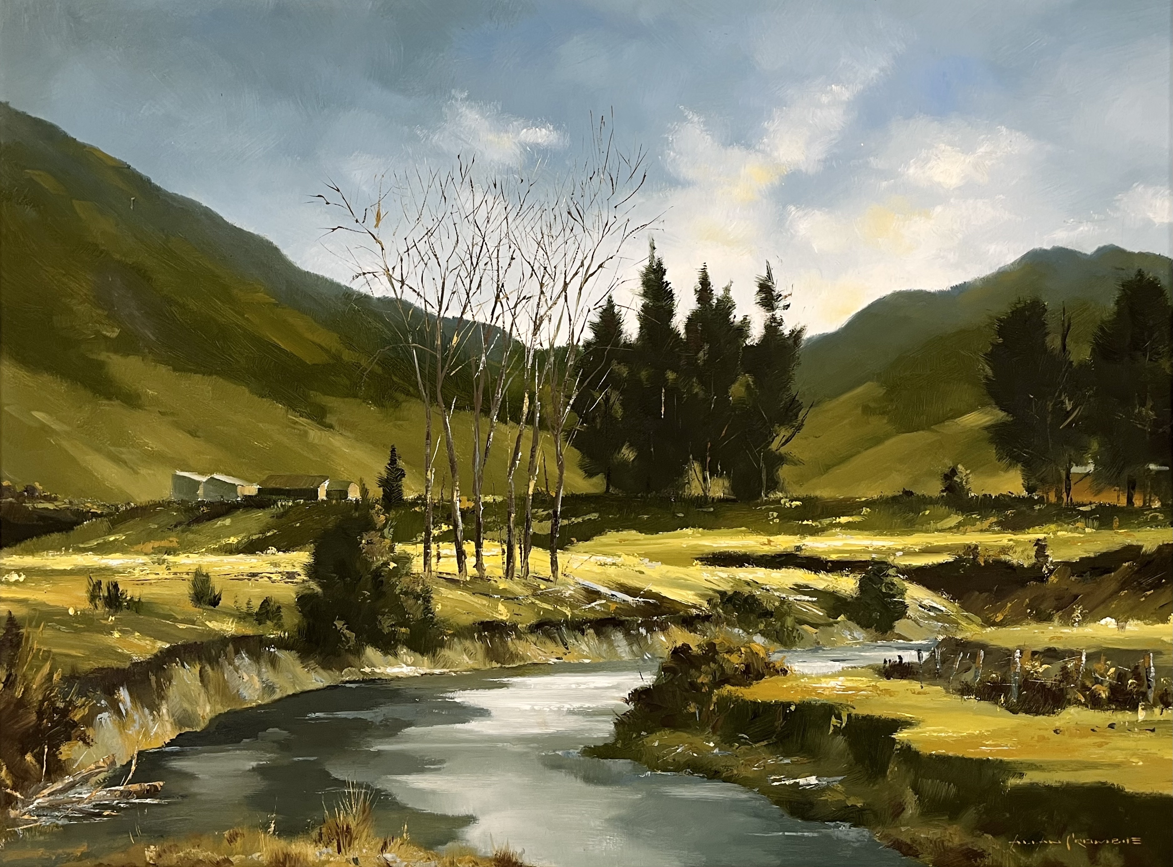A serene landscape painting featuring a winding river, rolling green hills, and a dramatic sky.