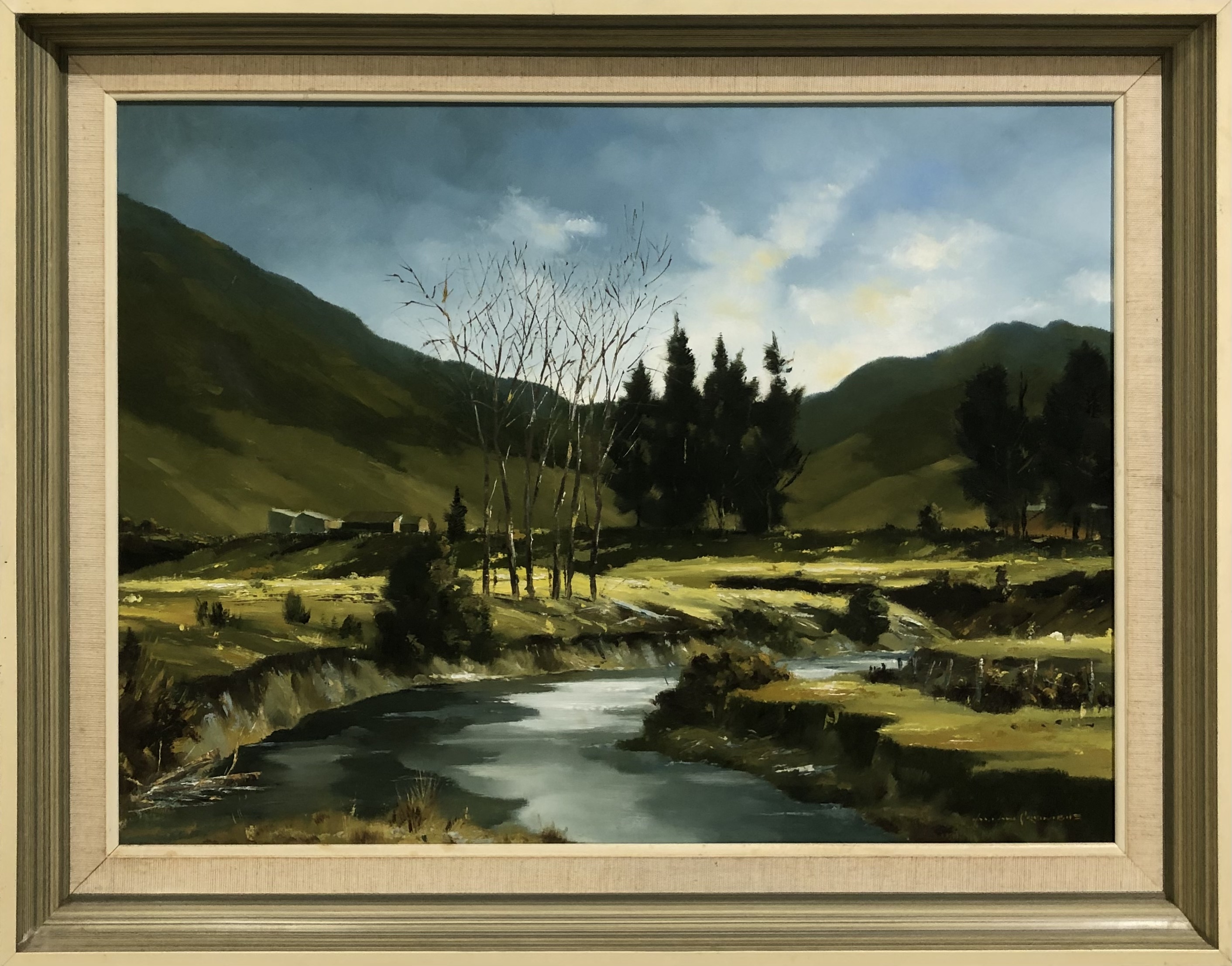 A serene landscape painting featuring a winding river, rolling green hills, and a dramatic sky.