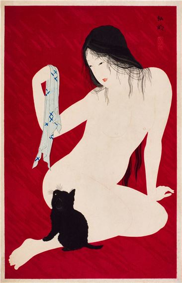 Nude and black cat by Takahashi Shtei, circa 1924-1927