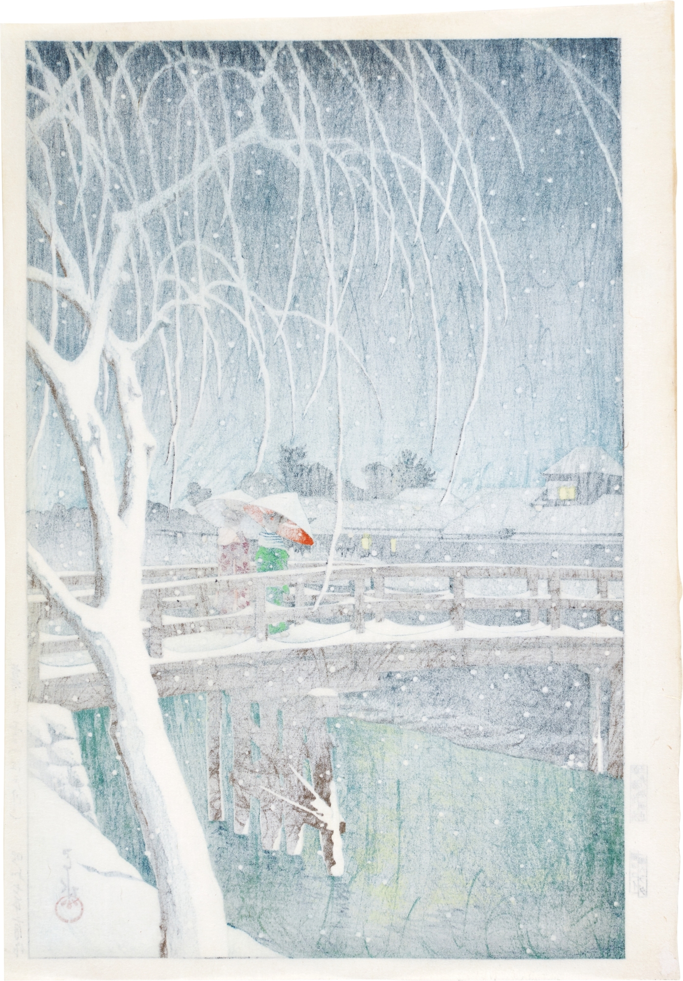 Artwork by Hasui Kawase, Evening Snow, Edogawa River ( Kure no yuki, Edogawa ), Made of woodblock print
