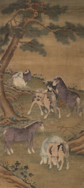 Artwork by Chinese School, AN 'EIGHT HORSES' PAINTING IN THE MANNER OF CASTIGLIONE, INK AND COLORS ON SILK, Made of INK AND COLORS ON SILK
