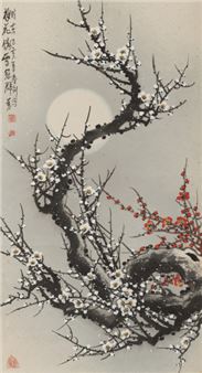 AN INK AND COLOUR PAINTING OF FLOWERING PLUM SPRAYS IN THE SNOW UNDER A FULL MOON, MOUNTED AS A HANGING SCROLL - Zhao Jian