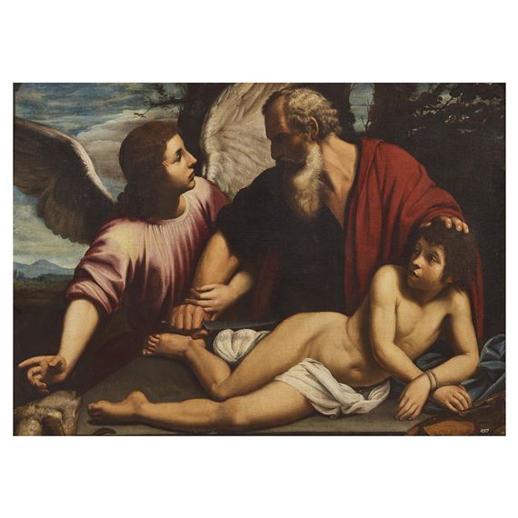 A classical painting depicting a tender moment between three figures in a landscape setting.