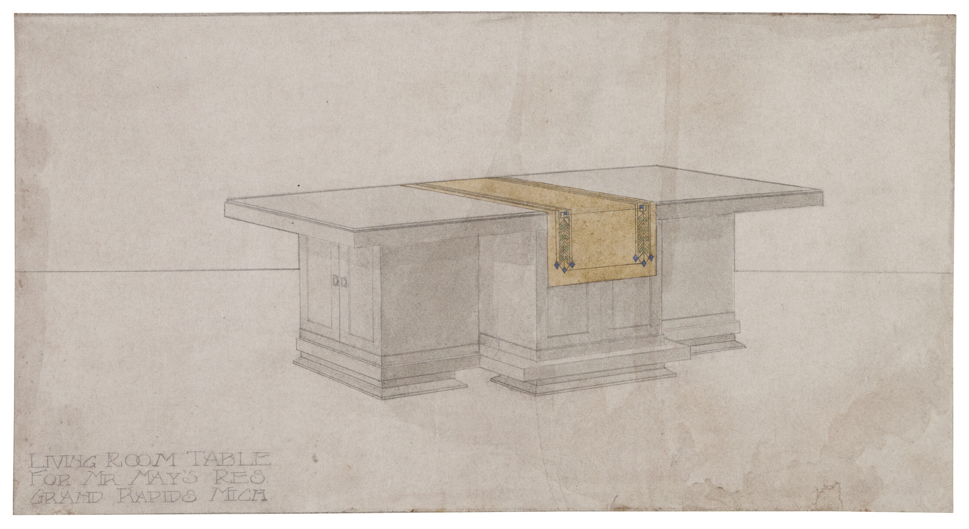 DRAWING OF THE LIVING ROOM TABLE FOR THE MEYER MAY HOUSE, GRAND RAPIDS, MICHIGAN