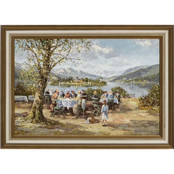 Biergarten am Chiemsee mit Blick auf die Fraueninsel by August Alexander Wendehals