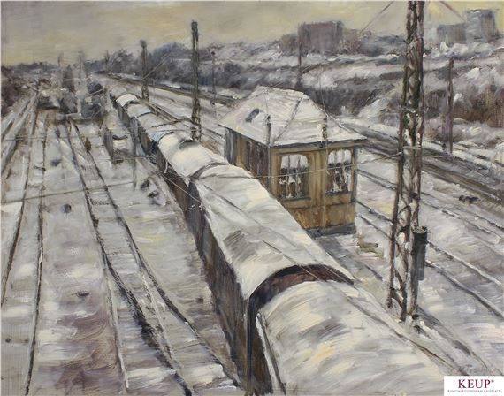 Blick von der Dechbettener Brücke zum Hauptbahnhof Regensburg mit altem Stellwerkhaus