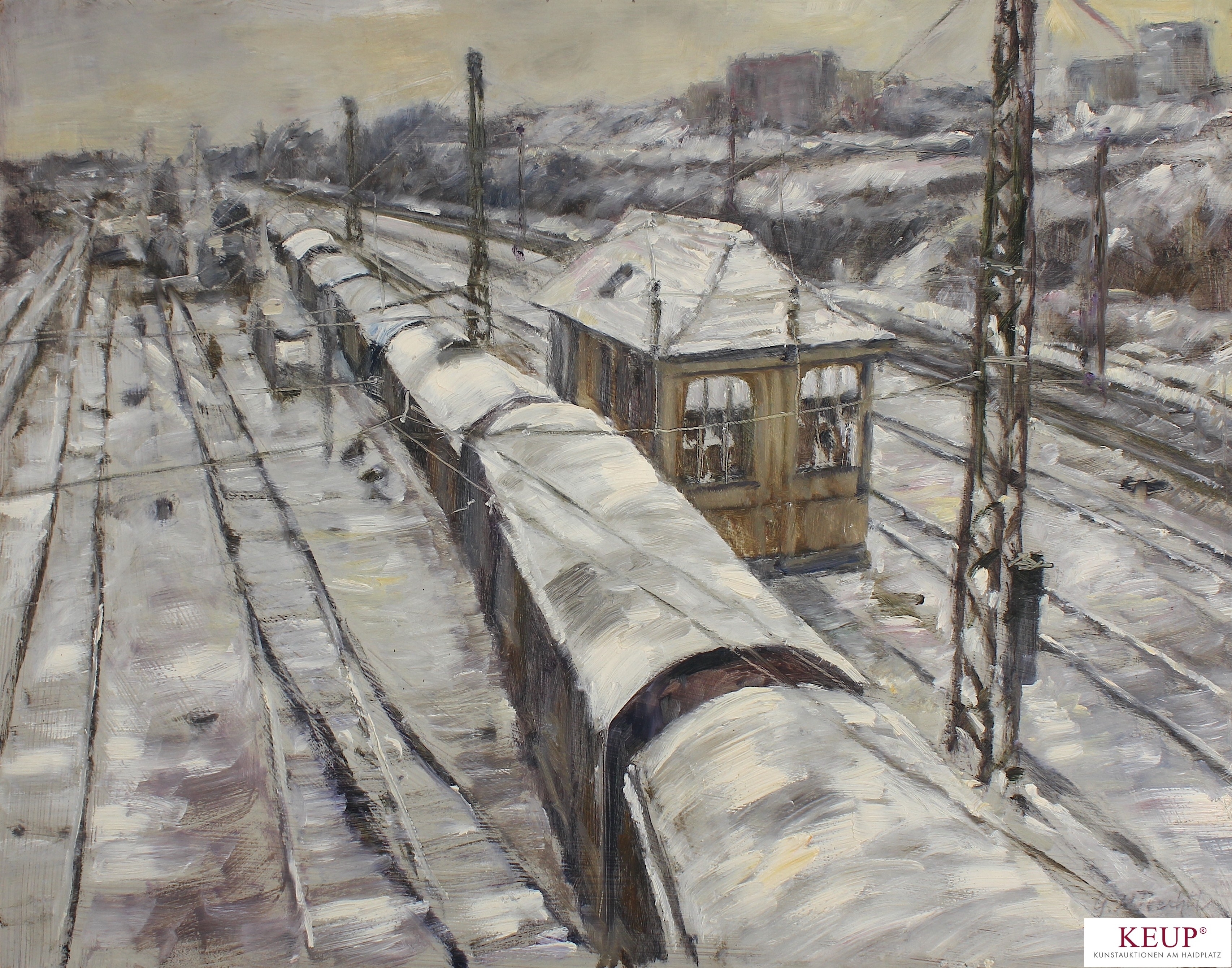 Artwork by Gerhard Prechtl, Blick von der Dechbettener Brücke zum Hauptbahnhof Regensburg mit altem Stellwerkhaus, Made of Oil on wood