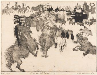 A chaotic etching of a battle scene with numerous figures and horses in motion.