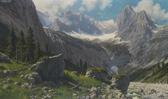 Blick von der Höllentalangerhütte zum Höllentalgletscher und den Riffelwandspitzen by Rudolf Reschreiter, circa 1921