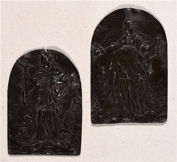 2 metal plaques of Justitia and Fides.