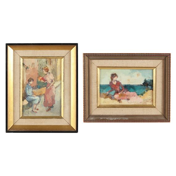 A pair of framed watercolor paintings depicting intimate, impressionistic scenes with soft colors and loose brushwork.