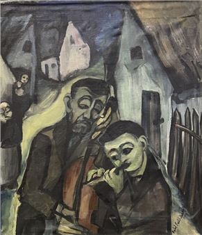 A painting of two men playing cellos in front of a church.