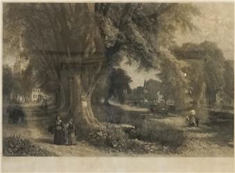 A sepia-toned landscape print featuring a large tree, figures, and distant buildings.