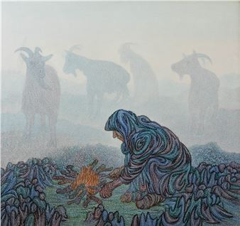 Shepherdess with goats by fire - Nikola Gvozdenovic