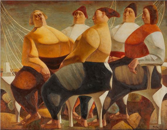 A surreal group portrait of five figures in a boat, rendered with bold colors and distorted forms.