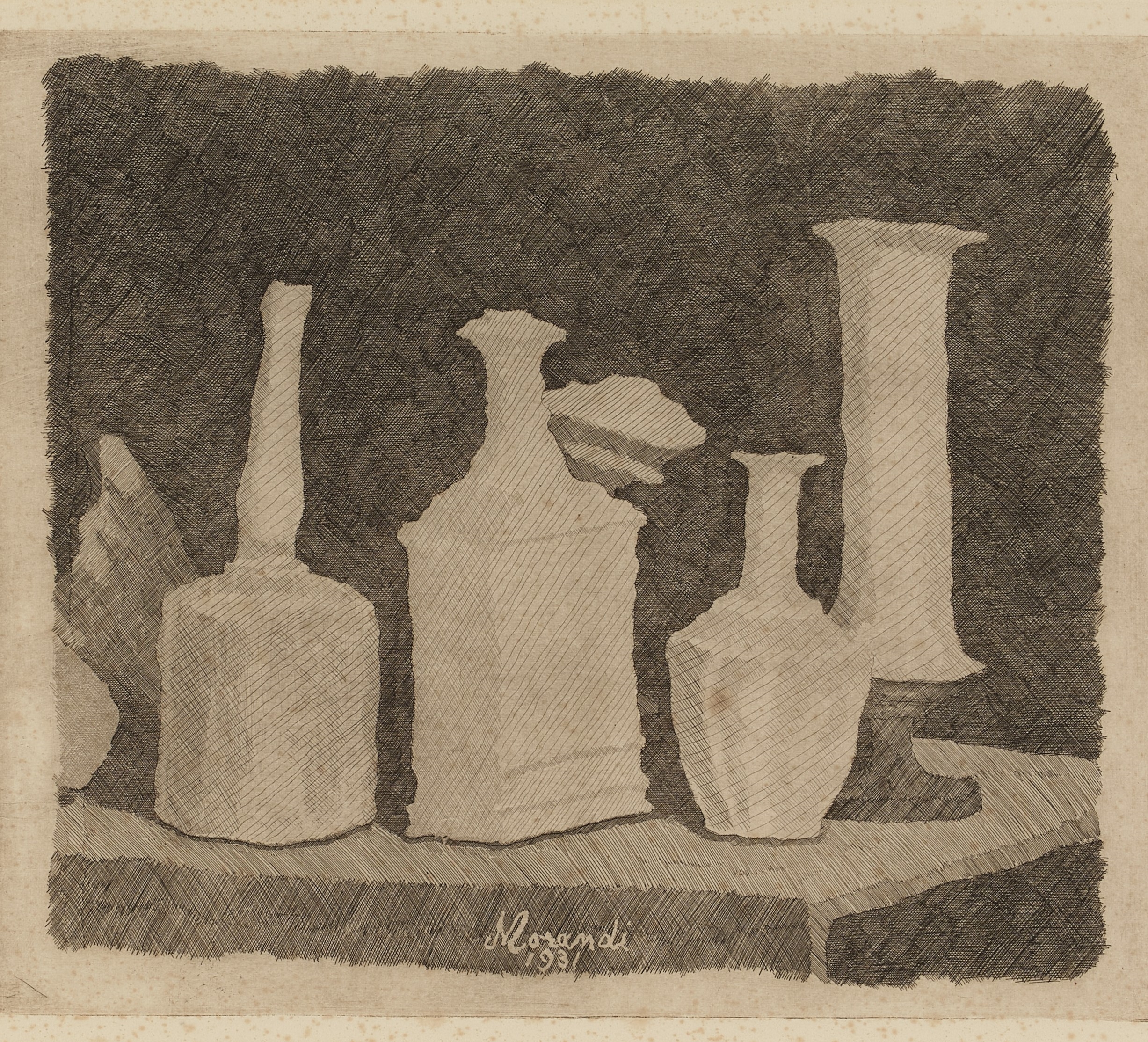 Natura morta con oggetti bianchi su fondo scuro by Giorgio Morandi, Executed in 1931