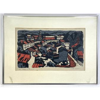 WALTER CONDIT signed lower right. Title Rooftops of Manayunk woodcut - Walter Condit
