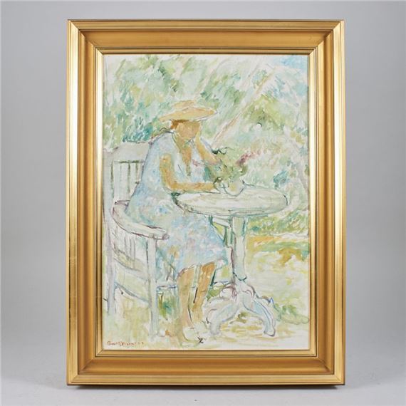 Sweden. Flicka vid trädgårdsbord. Signed by Rune Person