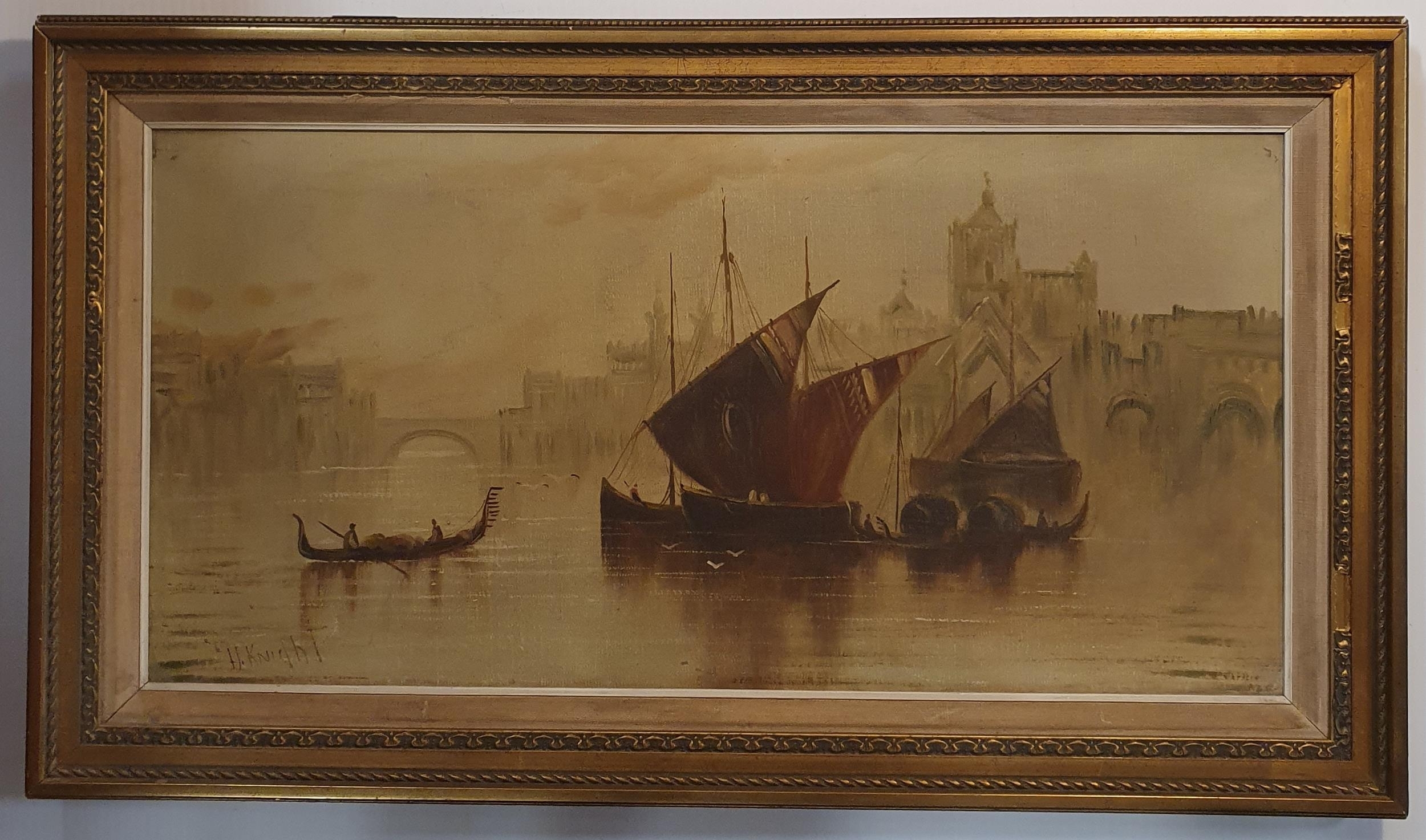 Artwork by H. Knight, Venetian water scene with gondolas, Made of Oil on Canvas