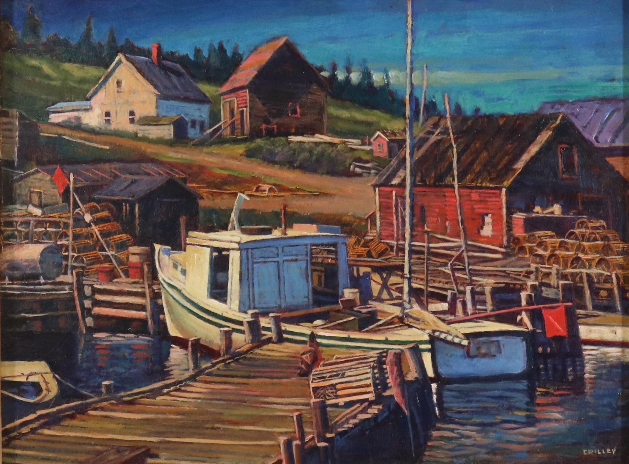 Artwork by Joseph Crilley, New England Fishing Village, Made of Oil on board